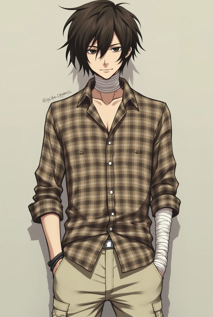 Osamu Dazai from the anime Bungo Stray Dogs with a light brown plaid shirt and cream skini cargo pants (that has its typical bandages on the arms and neck