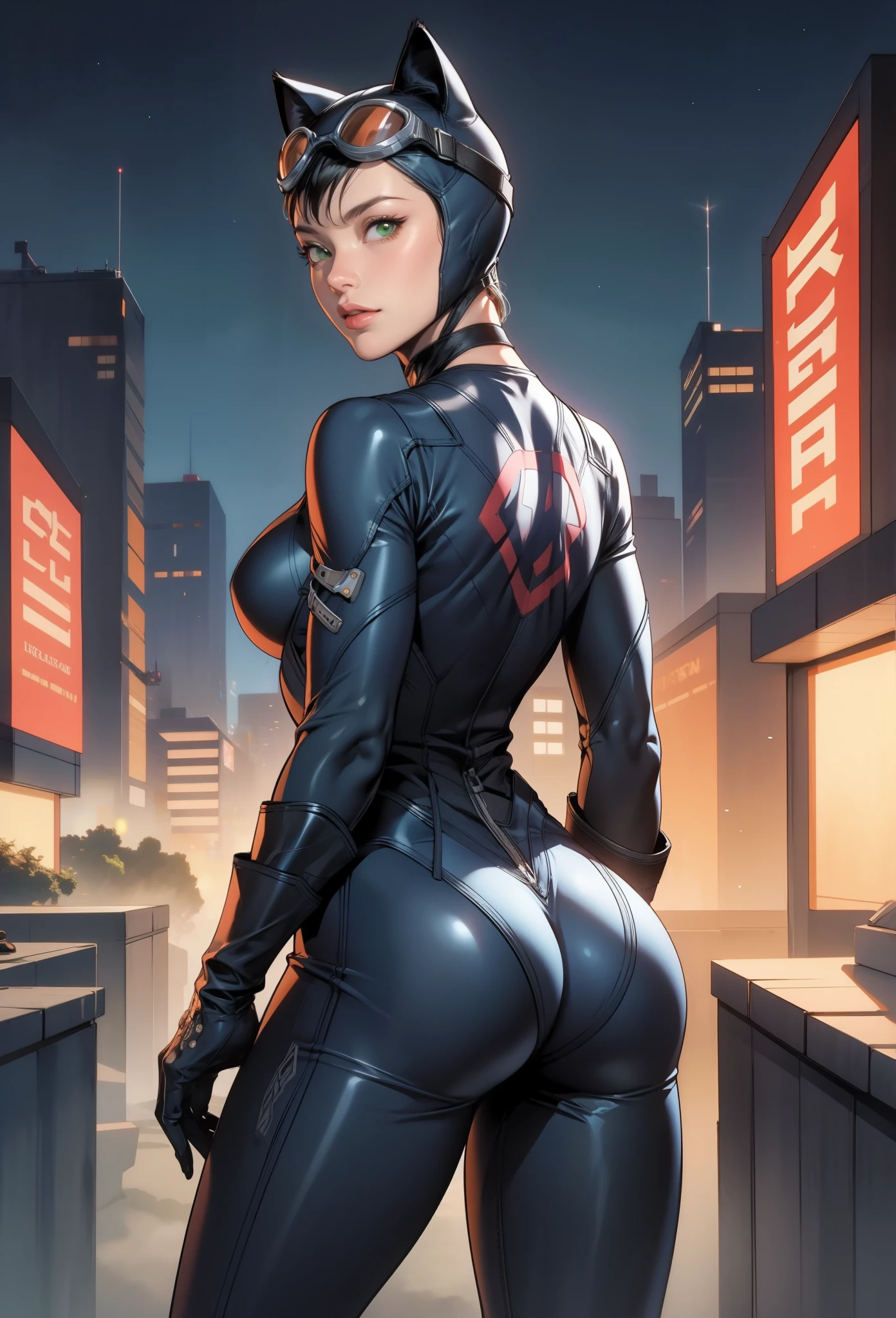 perfect eyes:1.2, detailed eyes:1.4, catwoman, bodysuit, green eyes, goggles on headwear, helmet, cat ears, cowboy shot, 1girl, solo, (masterpiece:1.6, best quality), 8k, insane details, intricate details, hyperdetailed, hyper quality, high detail, ultra detailed, professional, HDR, ray tracing reflection, cinematic lighting,