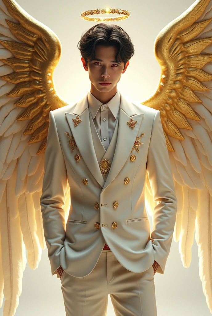 20 year old white skinned boy
Handsome
White skin
Pale skin
European Italian traits
White skin, elegantly combed black hair
Bright red eyes
Wearing an elegant and expensive white suit with gold details, with an angel halo on the head
Sixteen pairs of golden angel wings