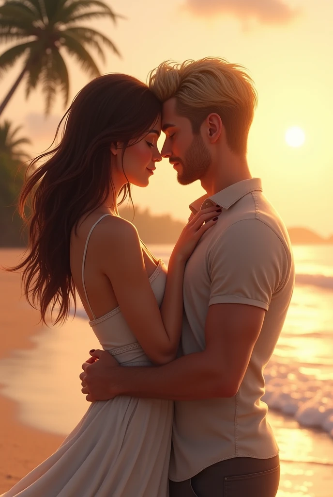 a brown-haired woman and a blond-haired man on the beach hugging each other