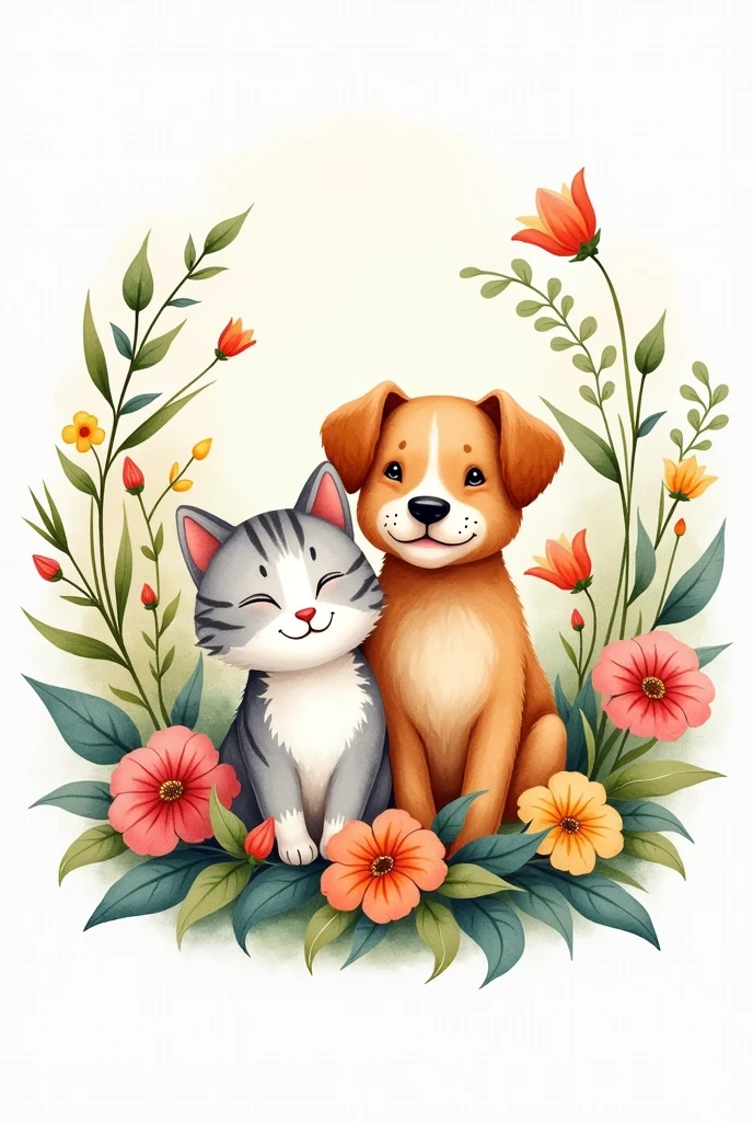 watercolor dog and cat with flowers logo 