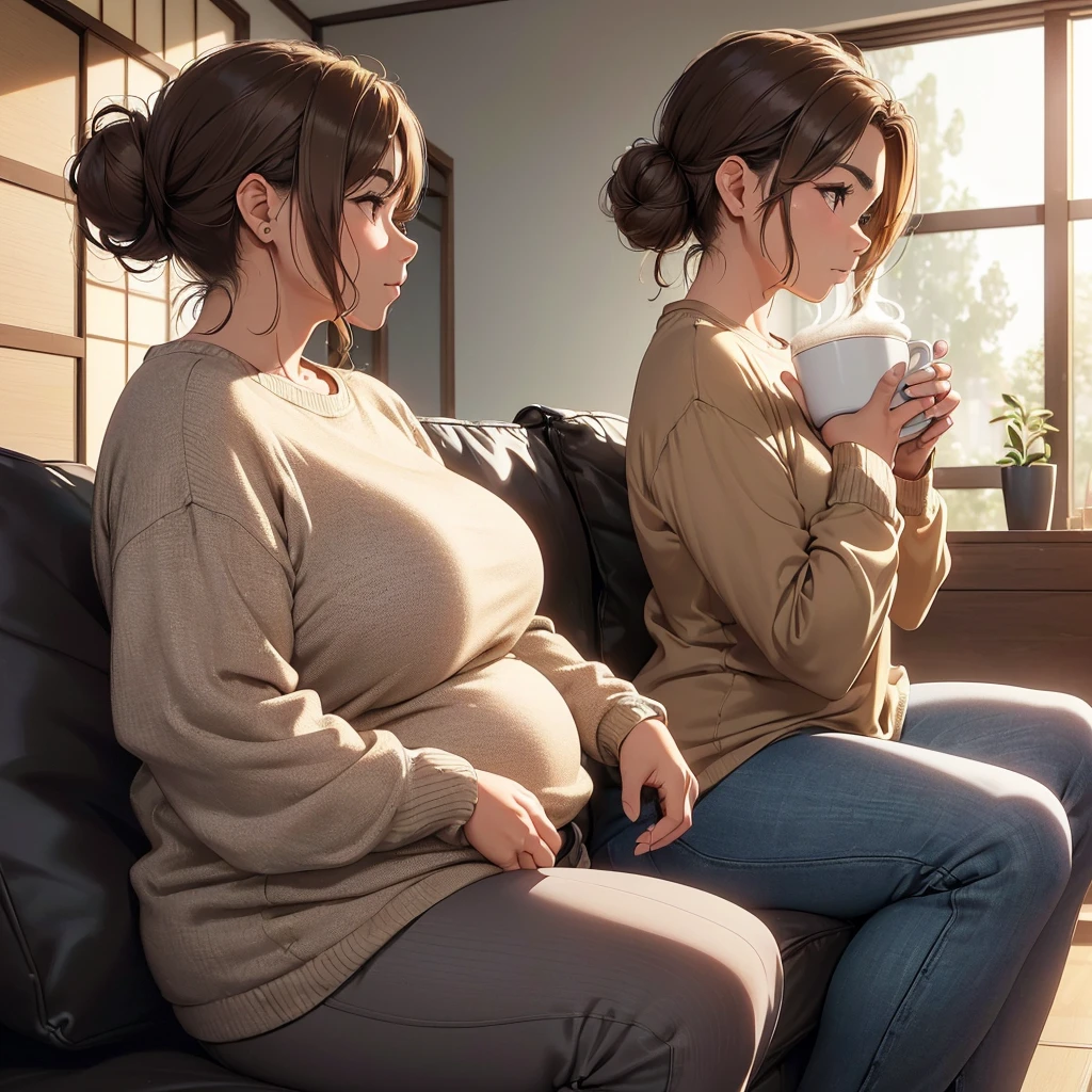 ((A 55-year-old woman with wavy light brown hair tied in a bun, her body is chubby and she has slightly thick eyebrows with a slightly chubby nose tip, her skin tone is dark and she wears a casual outfit using a white long-sleeved shirt and black pants. She is sitting alone on the sofa while holding a cup of coffee.)) (((Side view photo.))) ((The background environment is a Japanese living room and daytime lighting.)) ((((highly detailed skin)))) (((8k, sharp focus)))