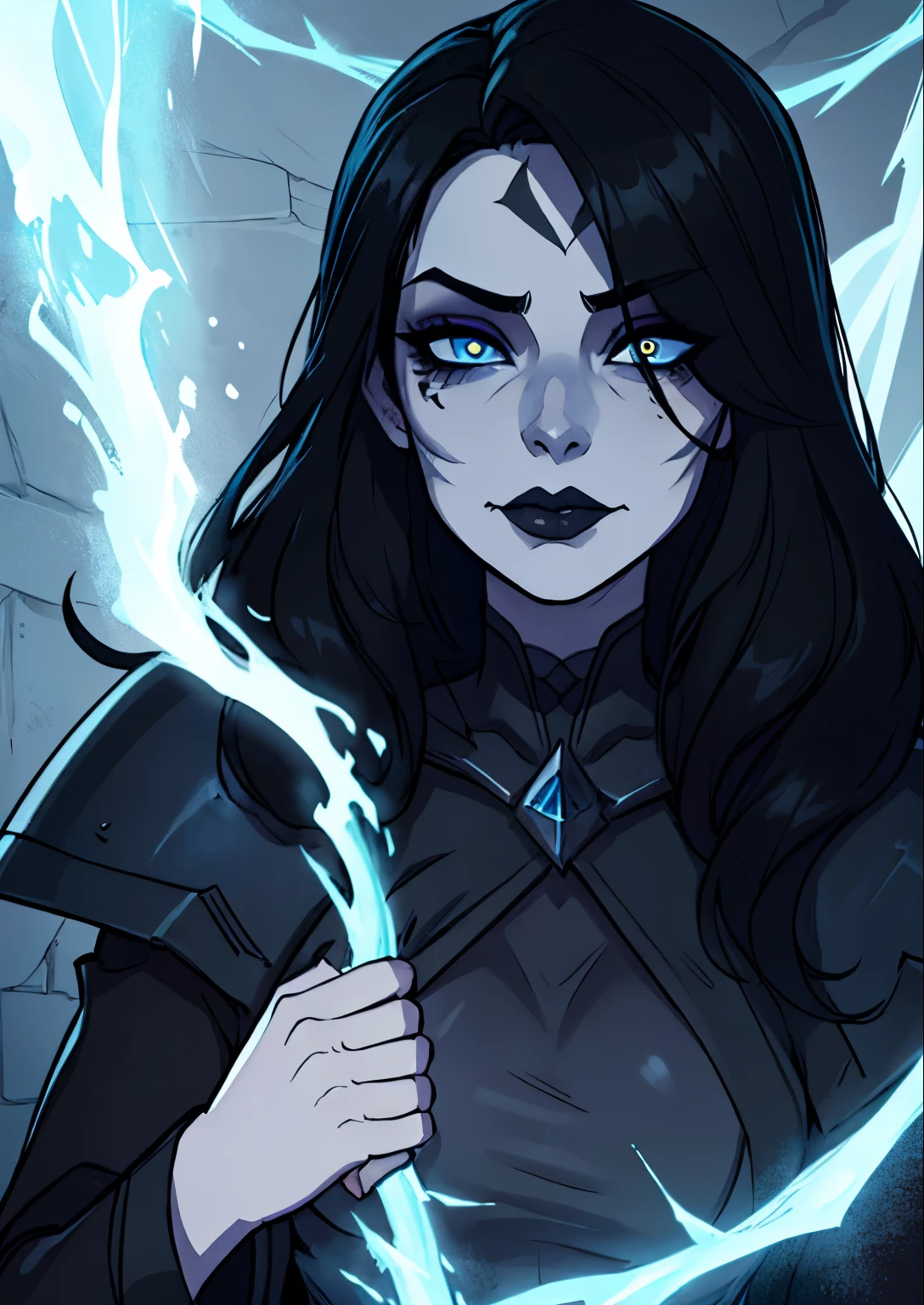masterpiece, best quality, 1female, beautiful, face portrait, dark makeup, luminous eyes, black hair, straight hair, winter, death knight, gray dead skin, dark circles, dark lipstick, undead, face focus, wowdk, black veins in skin