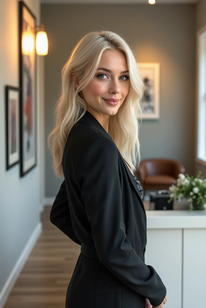 Create a photorealistic, 4K image of a female receptionist in a small modern art gallery. She is 23, platinum blonde and has intense blue eyes. She is dressed in a modern business suit that is slightly non-traditional with only a slip underneath the jacket. Her appearance looks a lot like a nordic Emilia Clarke. She always has a wicked smile, like she has something naughty on her mind.