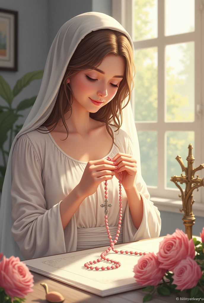 hands making a handmade rosary. Use soft, light color palettes to maintain a sense of tranquility and purity.. Incorporate symbols such as the cross, rosary beads and roses in a subtle way to reinforce the Marian theme. Keep the design simple and elegant to ensure it is memorable..