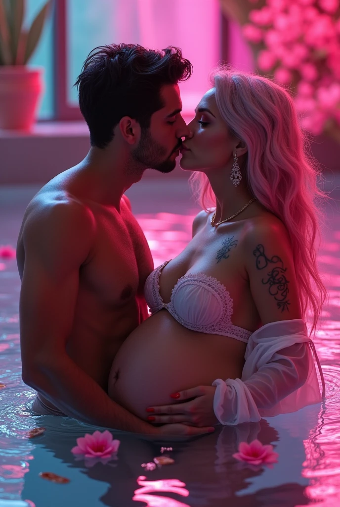 Tan skin girl long eyelashes with lumimous green eyes nude lips red nails wedding long pink and white platnium hair tattoos on arm wearing lingerie with a kimono in a neon pool with pink flowers showing off pregnacy wifh husband kissing his lips hands on her bum
