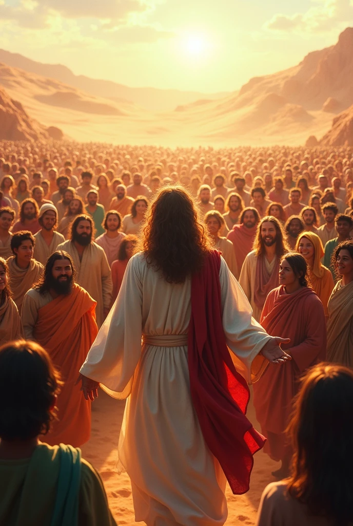 A vibrant scene showing a huge crowd of people of different ages and ethnicities, all with smiles on their faces, confidently walking behind Jesus. Jesus stands in front of the crowd preaching and teaching with great enthusiasm in a desert landscape
.