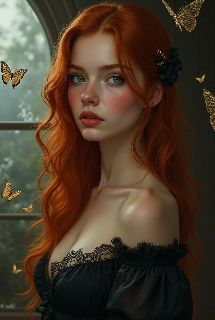 (solo, full body photo:1.3), (action packed:1.3), (haze, fog, mist:1.3), chiaroscuro, best quality, photorealistic, 1woman, (cute), (24yo:1.2), redhead, long ginger hair highly detailed, 1700'S, digital photography, art by artgerm and ruan jia and greg rutkowski surreal painting gold butterfly filigree, broken glass, (masterpiece, sidelighting, finely detailed Fashionable eyes: 1.2) (perfect oval large eyes that gazes at the viewer), beautiful detailed face, blue gorgeous perfect eyes, (blonde hair ponytail), (attractive young woman:1.3), (thick amazing hair), (seductive:1.1), (blushing:1.1)