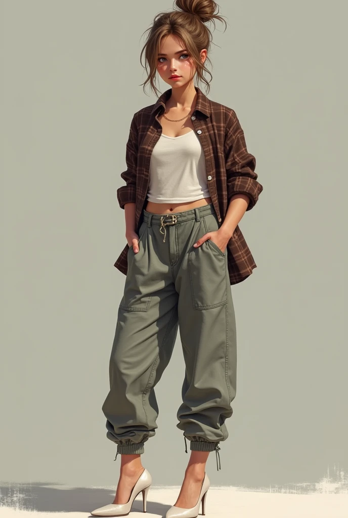 A 21 year old girl with long light brown hair in a messy bun with a white tank top under a brown flannel shirt with rolled up sleeves and ashy baggy pants with white high heels