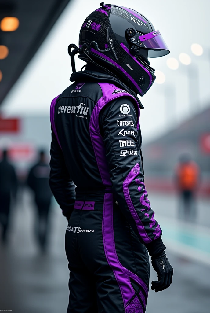 formula 1 racer standing with his back turned looking to the side with purple details on his clothes with helmet