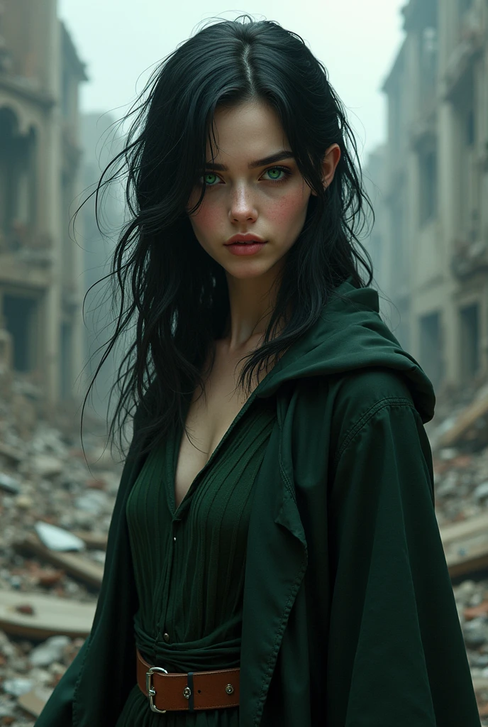 A woman young, black haired, half tanned, intense green eyes the shade of the killing curse with flashes of red, a mischievous smile on the mouth. His features would be a mix of Harry Potter and Tom Riddle when he was young.. She stands in front of a landscape of a ruined city