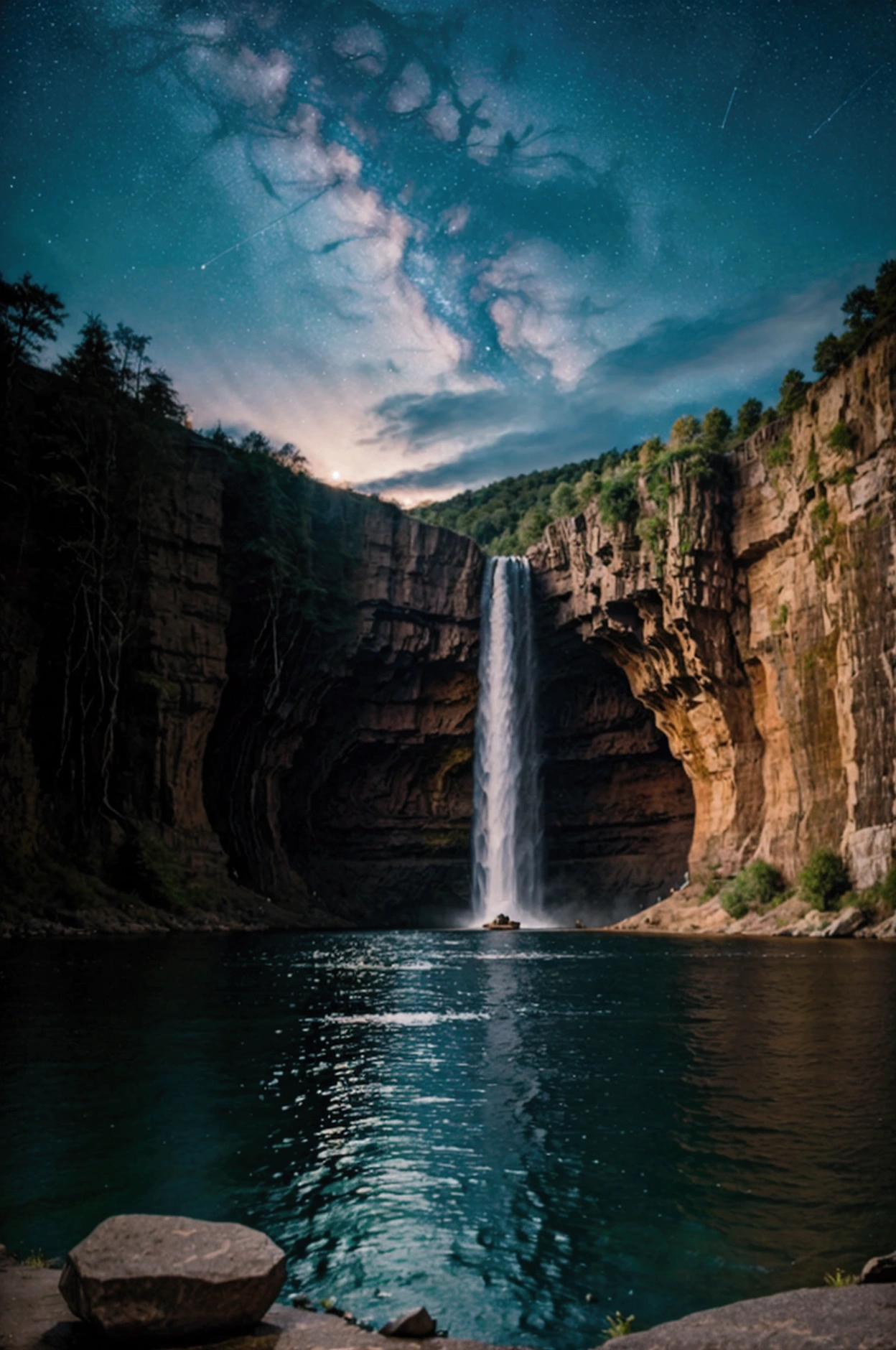 A beautiful starry night with a pretty waterfall , rocks , animals , a pretty lake  , a scary beast , a pretty provocative woman