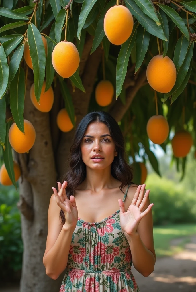 Make a meme of a mango tree with a woman denying them that the meme that the lady has Mariana Echeverría is very funny