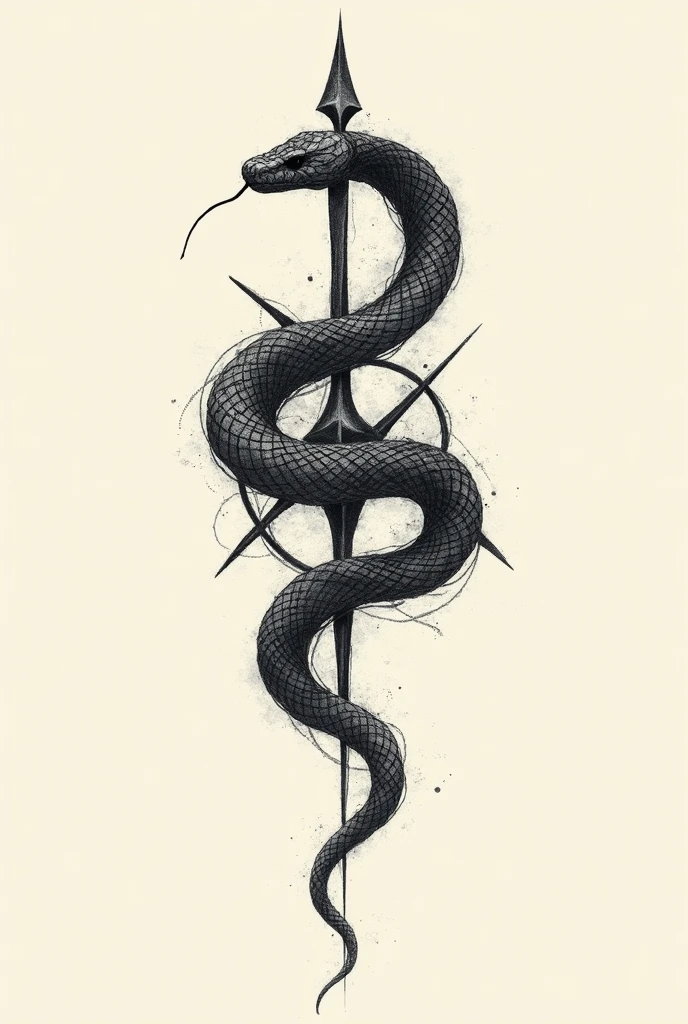 A snake tattoo, behind the Snake is the symbol of Chaos,the snake coils around the symbol, in two-dimensional and sketchy style