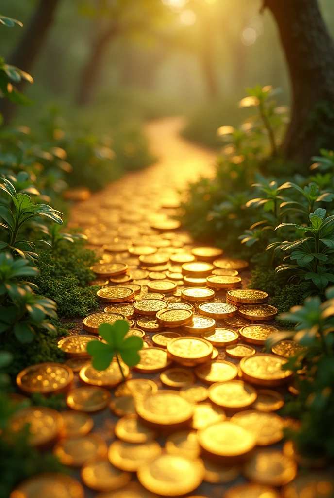 Golden path with coins and money, four-leaf clover