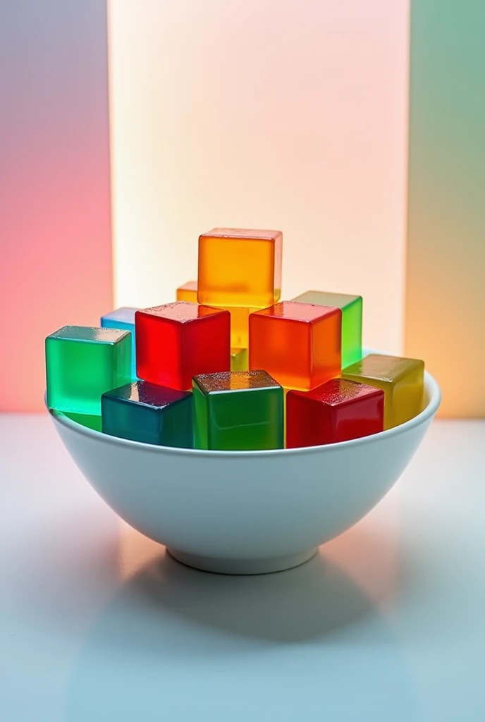 Make me a picture with a bowl of square gelatin that looks colorful and eye-catching