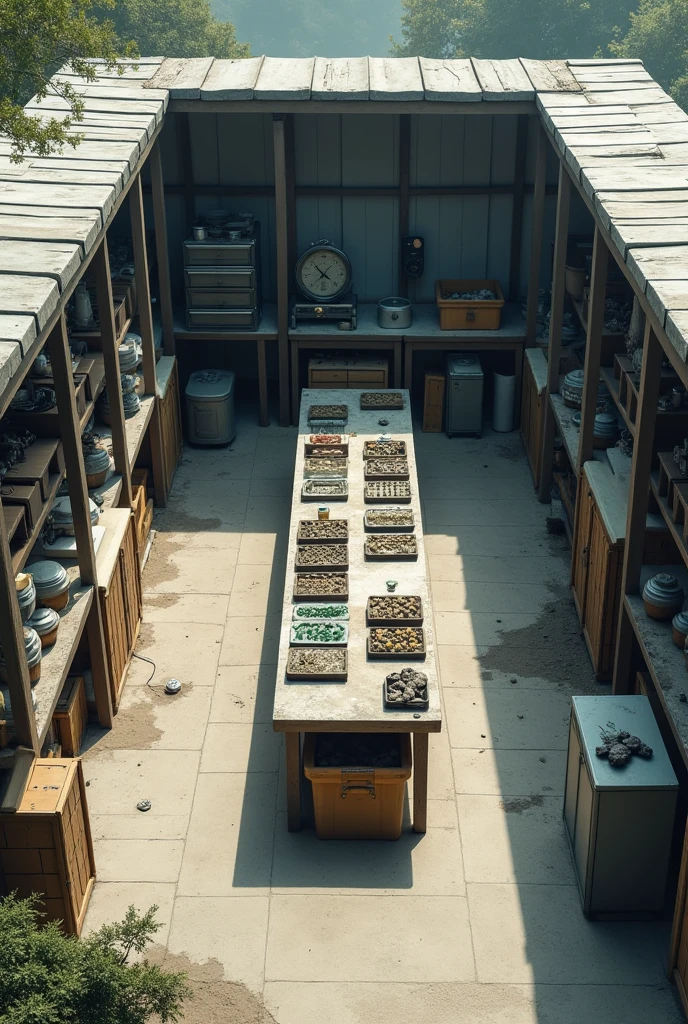 a cemented area, partially covered by a roof up to half, but without walls, with a central table and several shelves and boxes on the sides. In the roofless area, a long table on which trays full of biological samples are arranged.