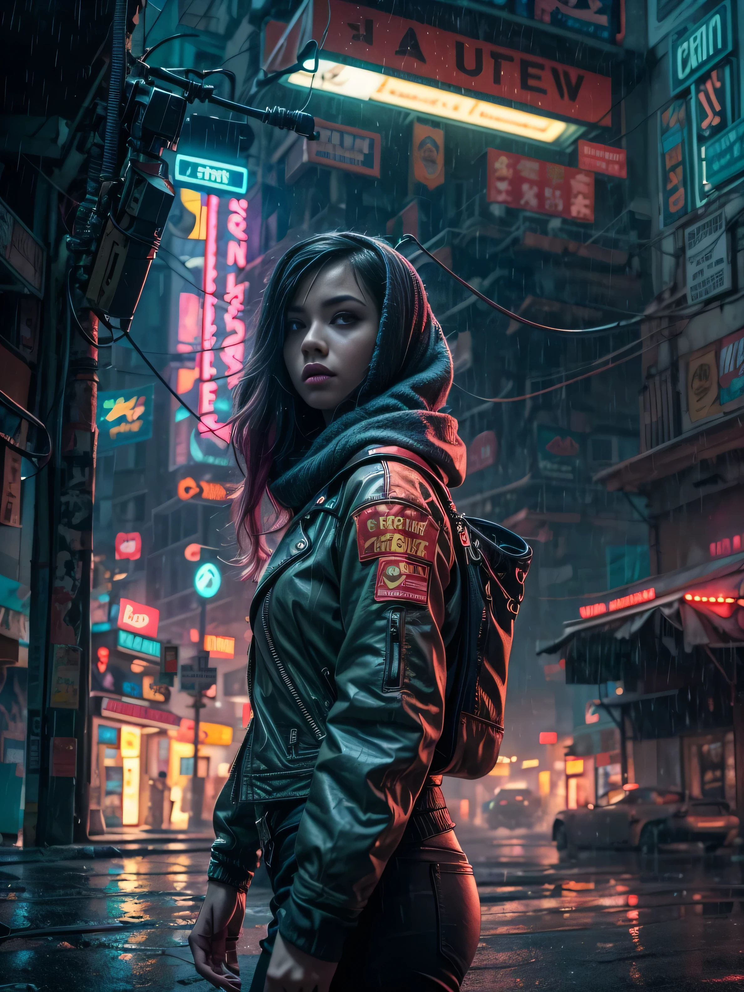 "Create a high-definition, ultra-detailed 3D rendering of a dystopian cyberpunk back alley set in the year 2527. The scene takes place at night during a mysterious, rainy atmosphere. In the foreground, prominently feature a motorcycle girl.(Looking away),(girl is far away), She should be positioned within a detailed, shadowy alley illuminated by vibrant neon signs. The neon lights should reflect off the wet pavement and cast dynamic shadows. The environment should emphasize a futuristic, gritty feel, with a strong sense of depth of field and a big-picture perspective. The scene should capture both the intricate details of the character and the dystopian surroundings." Girl is looking away, wearing scarf over her face