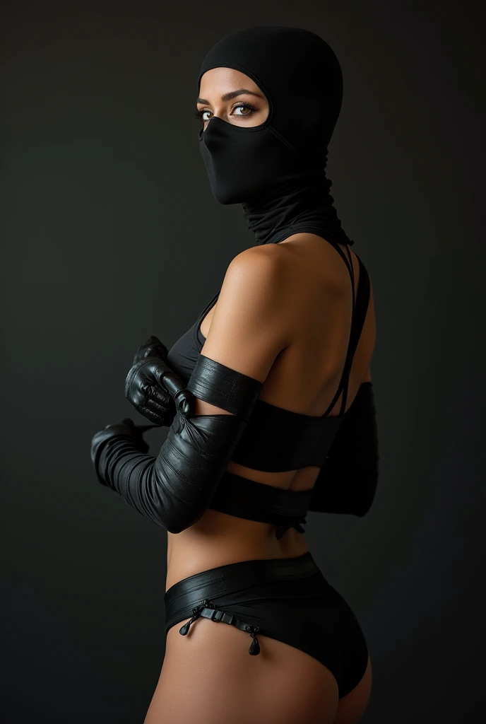 High quality, one woman, bound, bondage, tied up with duct tape, gagged, black balaclava, black bodysuit, sexy body, 8k, masterpiece