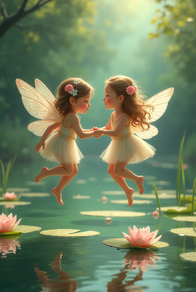 Two fairy sisters play water lily hopping