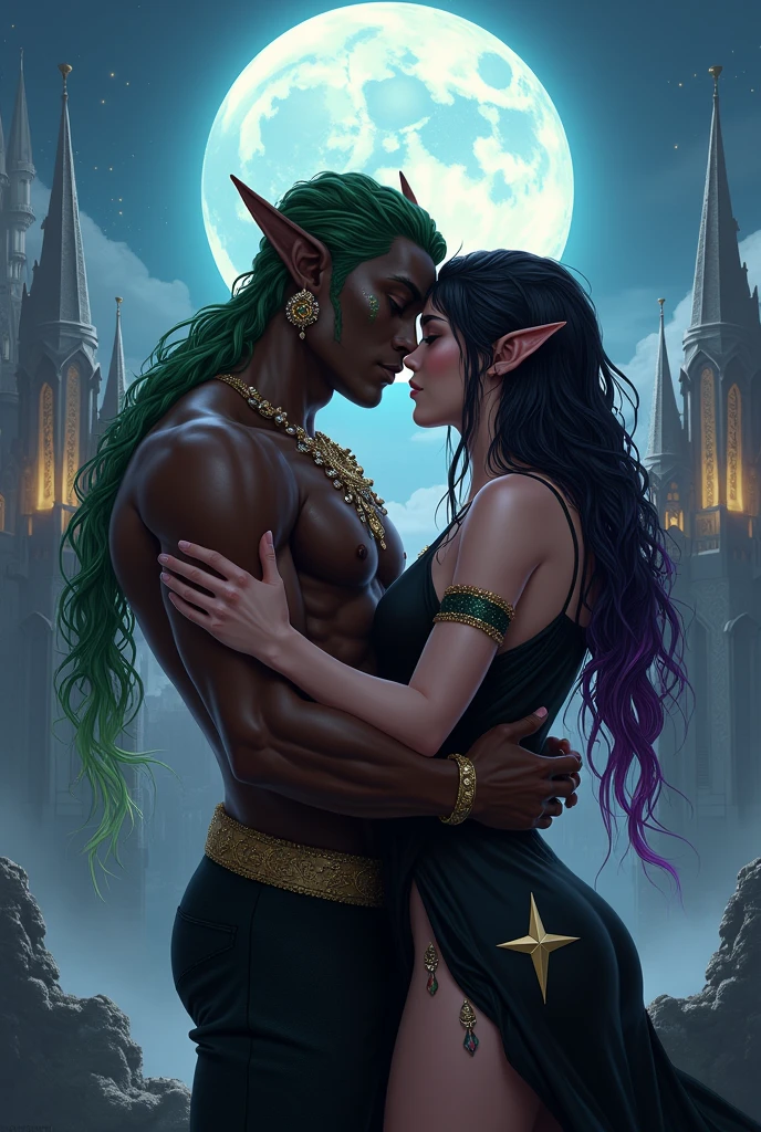 A moon centered over a kingdom with two men kissing in the background, um naughty man é negro com marcas de vitiligo no rosto e tem cabelo verde trançado com uma orelha de elfo, tem brincos e chifre e o outro naughty man tem cabelo cumprido preto com tons roxos, with a sleeveless black outfit and a star design on the hip (naughty man) there are no women