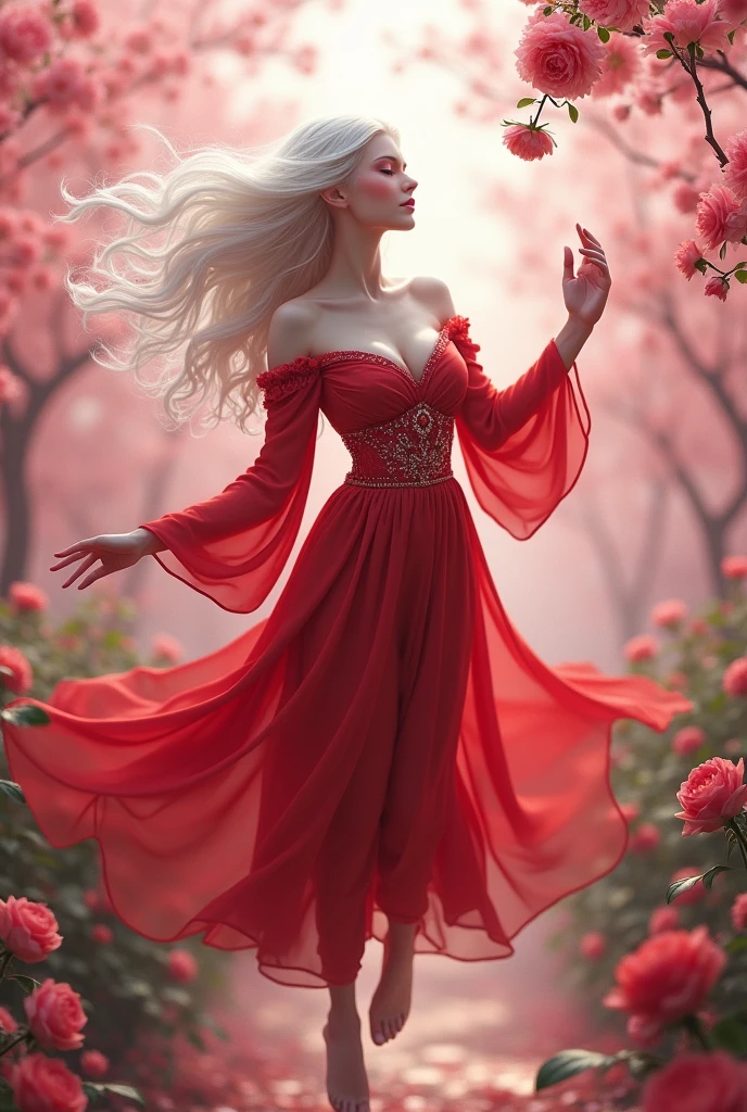 Draw a beautiful sexy albino white sakura , jumping in a pink rose garden, wearing a red tunic, sexy, perfect tits, perfect face, wearing beautiful princess like outfit, background is full of pink trees, realestic