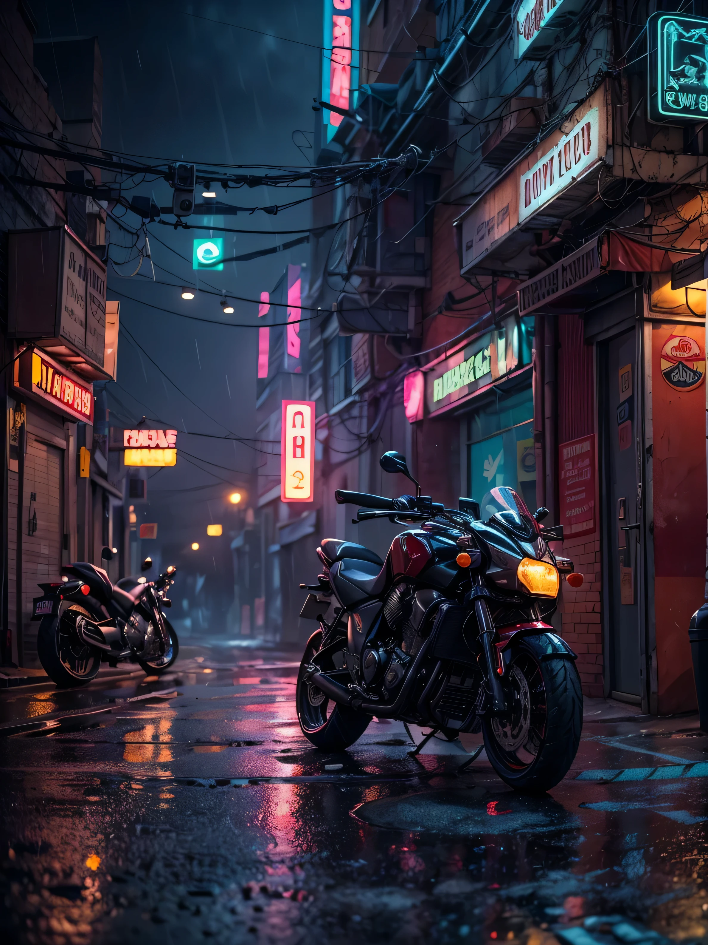 "Create a high-definition, ultra-detailed 3D rendering of a dystopian cyberpunk back alley set in the year 2527. The scene takes place at night during a mysterious, rainy atmosphere. In the foreground, prominently feature a motorcycle girl.(Looking away),(girl is far away), She should be positioned within a detailed, shadowy alley illuminated by vibrant neon signs. The neon lights should reflect off the wet pavement and cast dynamic shadows. The environment should emphasize a futuristic, gritty feel, with a strong sense of depth of field and a big-picture perspective. The scene should capture both the intricate details of the character and the dystopian surroundings." Girl is looking away, wearing scarf over her face