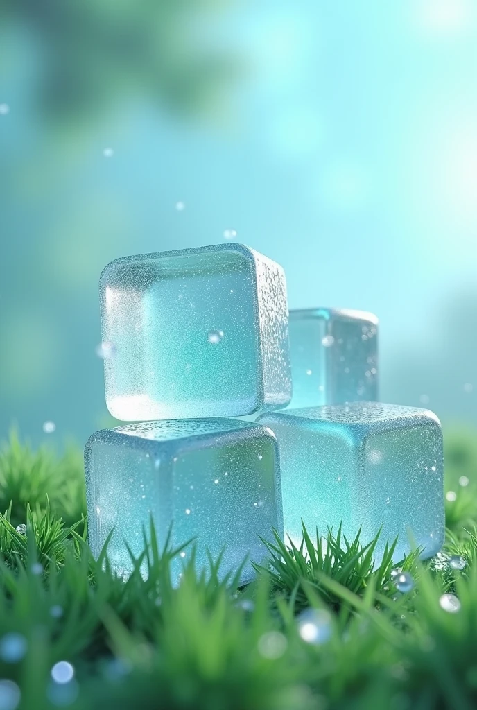 Jelly glittery ice cubes on light green grass 3d. Image should be clear without blur
