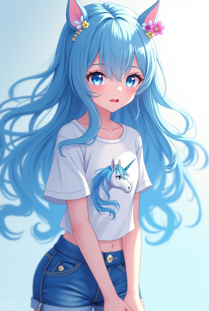 A beautiful three-year-old fantasy anime girl with shiny blue eyes and rather long blue hair, a white ring sleeve with a unicorn on it, and denim shorts.