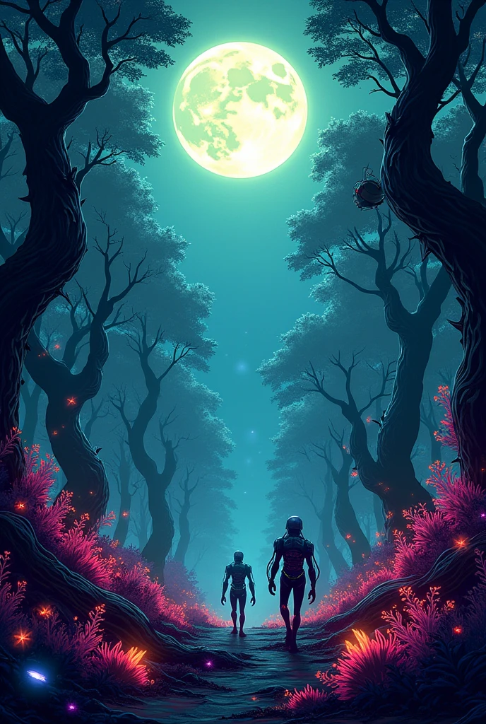 Forest at night with a full moon in a cyberpunk cartoon style 