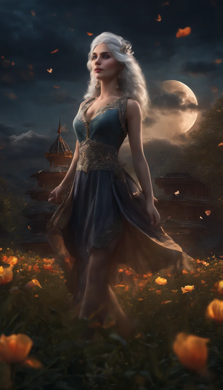 masterpiece, best quality, 1girl, (colorful),(finely detailed beautiful eyes and detailed face),cinematic lighting,bust shot,extremely detailed CG unity 8k wallpaper,white hair,solo,smile,intricate skirt,((flying petal)),(Flowery meadow) sky, cloudy_sky, building, moonlight, moon, night, (dark theme:1.3), light, fantasy, tatto lady,