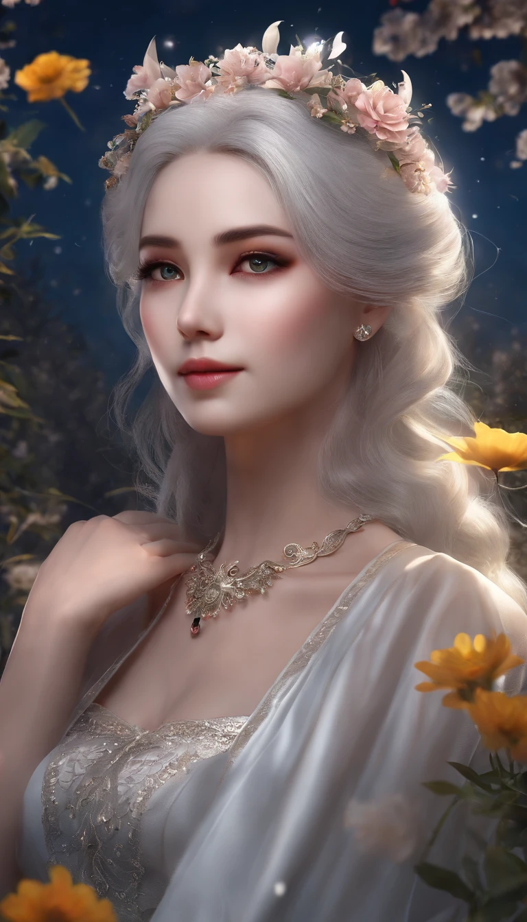 masterpiece, best quality, 1girl, (colorful),(finely detailed beautiful eyes and detailed face),cinematic lighting,bust shot,extremely detailed CG unity 8k wallpaper,white hair,solo,smile,intricate skirt,((flying petal)),(Flowery meadow) sky, cloudy_sky, building, moonlight, moon, night, (dark theme:1.3), light, fantasy, tatto lady,