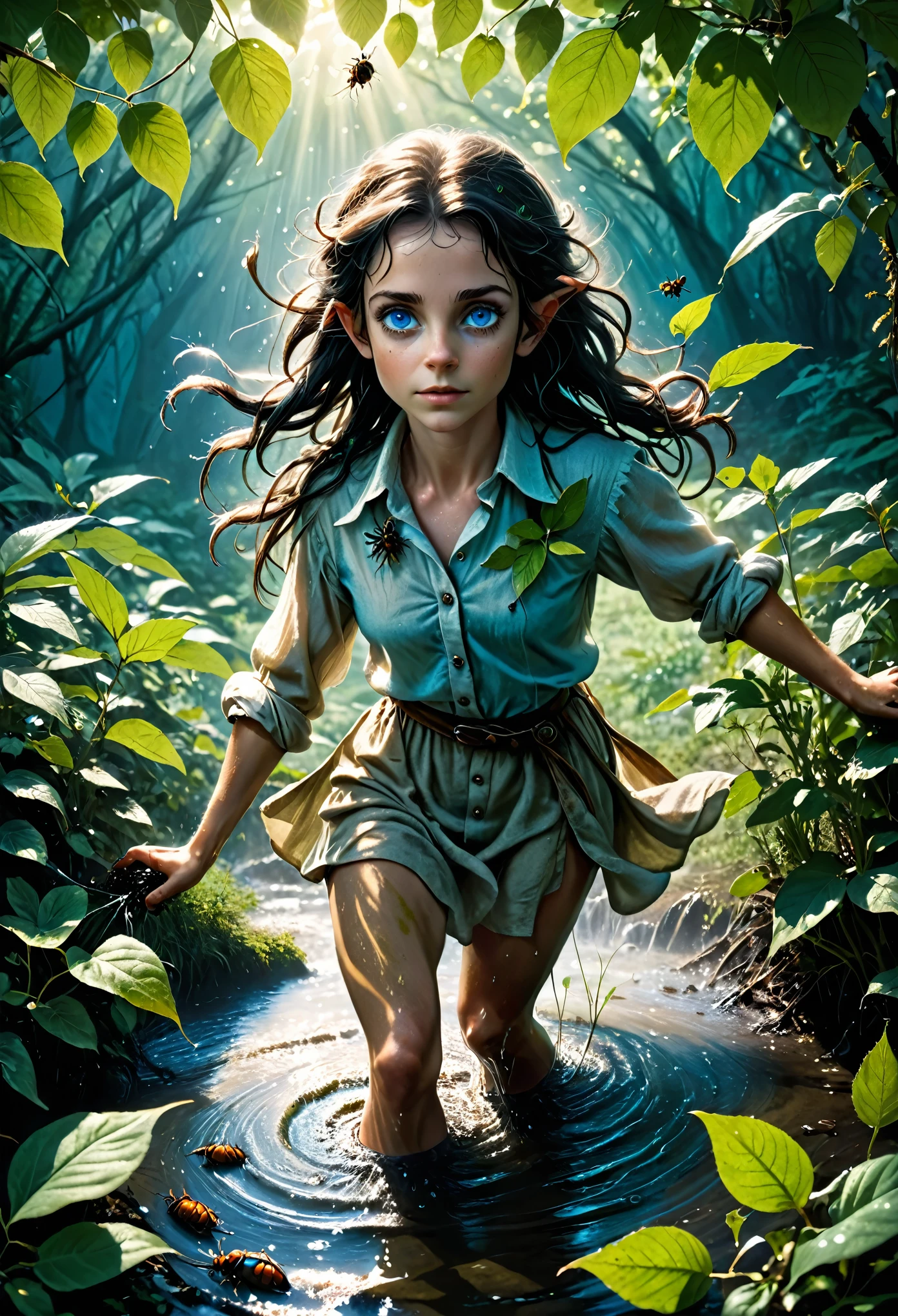 (Realystic:1.4), analog photo style, depths of field, (dark-haired Lightfoot Halfling with blue eyes, wearing a linen shirt), (small leaves and insects got tangled in wet hair), wide waist, (her full body is a visual pleasure), view from above, extremely sexy, dark fantasy atmosphere, deep shadows with the some sun rays, a delicate balance between reality and fantastic, faded colours, great quality, Masterpiece, blurred gloomy background, naturally cinematic light, 16k quality, kodak porta 400, bokeh.