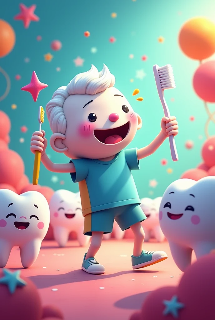 The Toothbrush Dance Toothbrush dancing and showing how brushing your teeth can be fun, with funny and colorful movements. Bright Teeth and Gout are applauding, with expressions of joy. The scene must be full of energy.