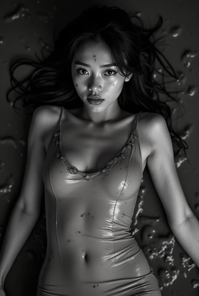 Asian Girl, Transparent dirty dress, She is lying on her back in the wet mud, dark, Her body is dirty, Mud on her face, Monochrome, Black and White Photography, Mud on her body, Low light, Ultra-high resolution photos, eye contact, Sexy pose,