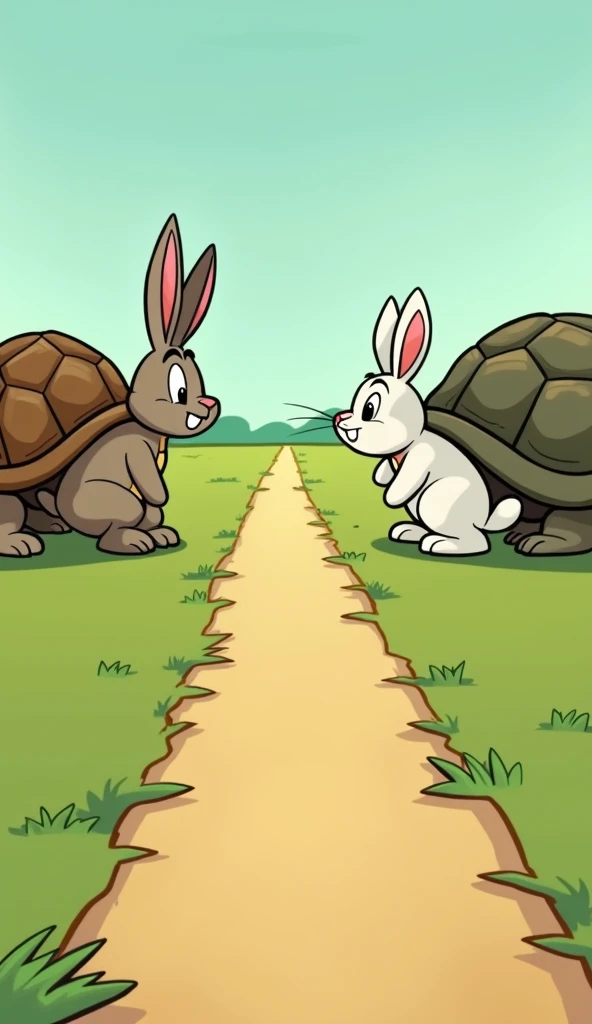 The tortoise, slow but determined, approaches the rabbit, with a clear path between them for a race.
The rabbit is white.
Show as cartoons