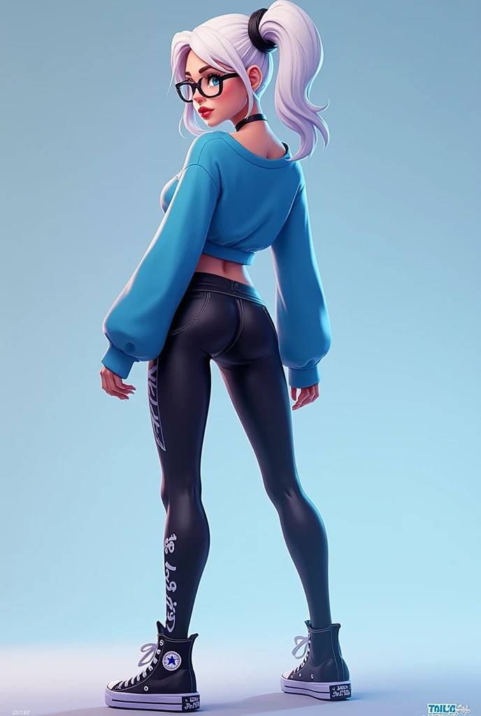 fortnite style girl, white haired, Broad Hips, blue colored eyes, wearing glasses, allstar shoes, sexy blue short sweatshirt black leggings rear full body
