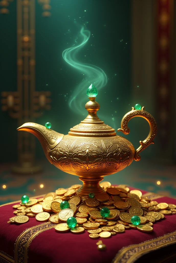 Magic Lamp with Gold Coins and Emeralds