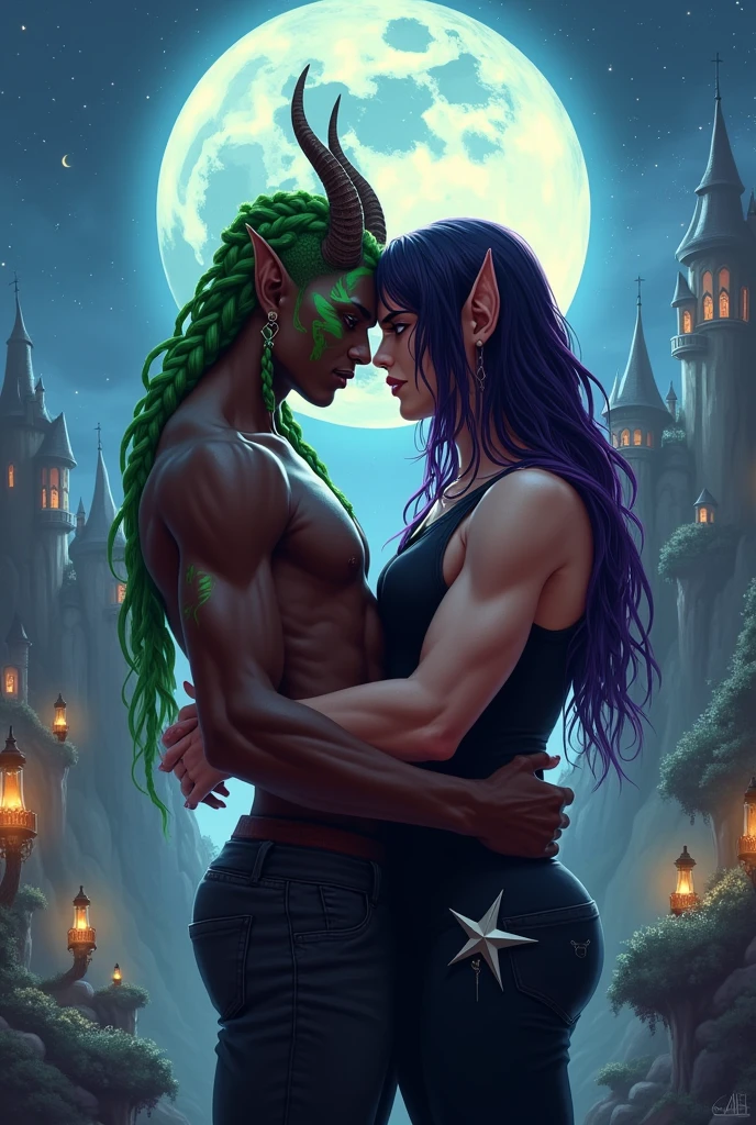 A moon centered over a kingdom with two men kissing in the background, um naughty man é negro com marcas de vitiligo no rosto e tem cabelo verde trançado com uma orelha de elfo, tem brincos e chifre e o outro naughty man tem cabelo cumprido preto com tons roxos, with a sleeveless black outfit and a star design on the hip (naughty man) They're both men