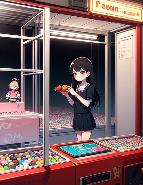 (((masterpiece))), (((Highest quality))), ((Claw Machine)), Place your hand on the bottom panel, Operate the long joystick、Press the button, Use the clamp to lift the toy, One person, Komi Shoko, shy, blush, school uniform, Claw Machine,  Rear View,