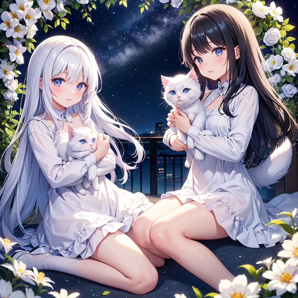 Small and fluffy white kitten, Flowers, Sleep, Long black hair, night, Starry Sky