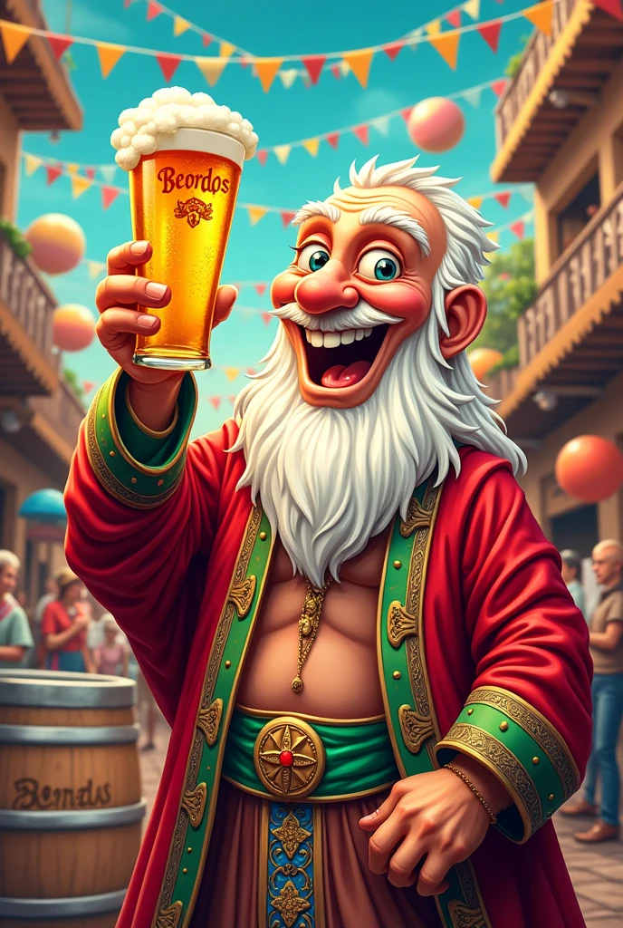(beer label)(sperm blanco drinking a mug of beer)(text BEODOS)(patron saint festivities) (keg of beer) 
