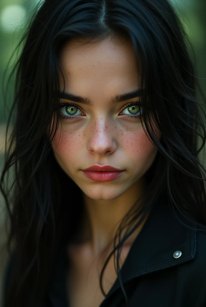 A woman young, black haired, half tanned, intense green eyes the shade of the killing curse with flashes of red, a mischievous smile on the mouth. His features would be a mix of Harry Potter and Tom Riddle when he was young.. 
