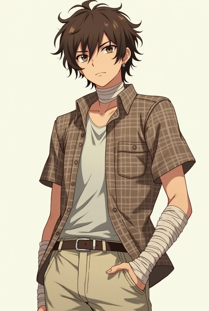 Osamu Dazai from the anime Bungo Stray Dogs with a light brown plaid shirt and cream skini cargo pants (that has its typical bandages on its arms , the neck and left eye 
