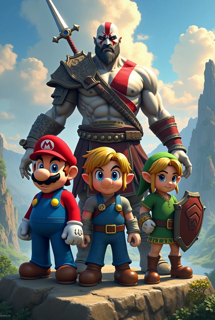 mario , Link from Zelda, cratos god of war together