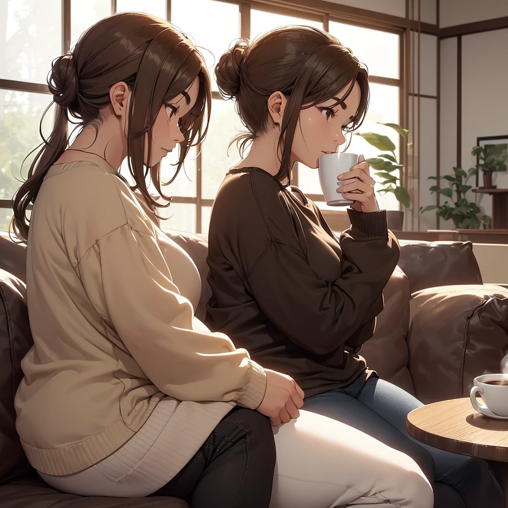((A 55-year-old woman is alone on the sofa with wavy light brown hair tied in a bun, her body is chubby and she has slightly thick eyebrows with a slightly chubby nose tip, her skin tone is dark and she wears a casual outfit consisting of a white long-sleeved shirt and black pants. She is sitting on the sofa while holding a cup of coffee.)) (((Side view photo.))) ((The background environment is a Japanese living room and daytime lighting.)) ((((highly detailed skin)))) (((8k, sharp focus)))