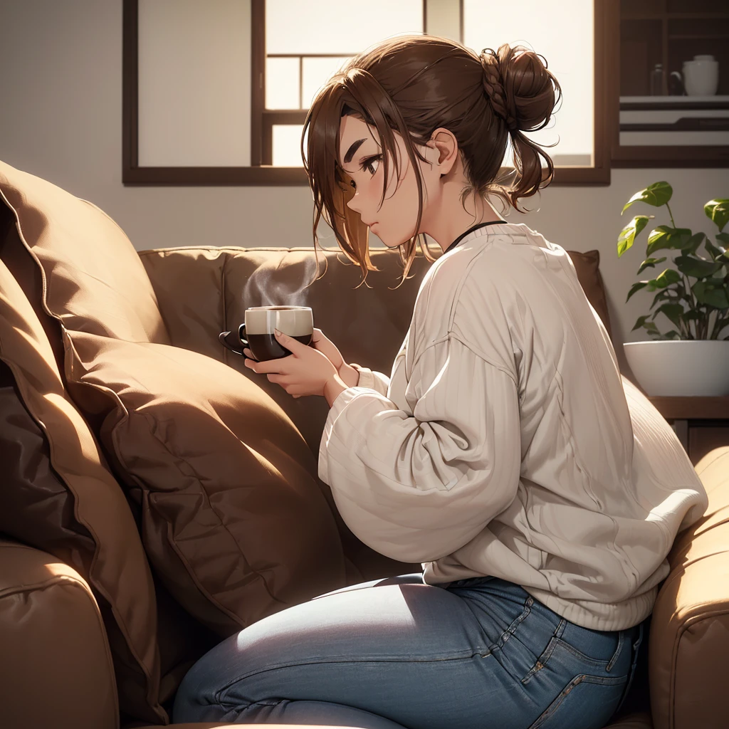 ((A 55-year-old woman is alone on the sofa with wavy light brown hair tied in a bun, her body is chubby and she has slightly thick eyebrows with a slightly chubby nose tip, her skin tone is dark and she wears a casual outfit consisting of a white long-sleeved shirt and black pants. She is sitting on the sofa while holding a cup of coffee.)) (((Side view photo.))) ((The background environment is a Japanese living room and daytime lighting.)) ((((highly detailed skin)))) (((8k, sharp focus)))