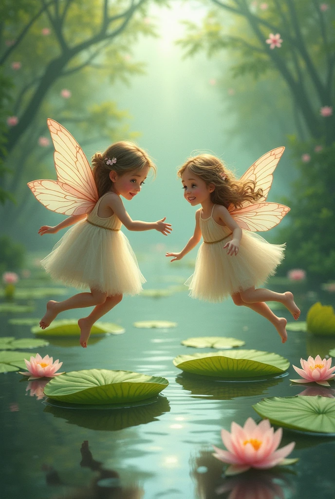 Two fairy sisters play water lily hopping