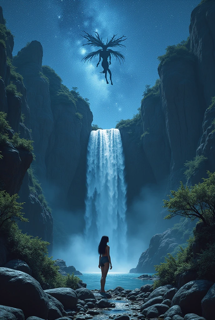 Une belle nuit étoilé avec une jolie cascade , des rochers , des animaux , un jolie lac , une bête effrayante au dessus de la cascade , une jolie femme provocante