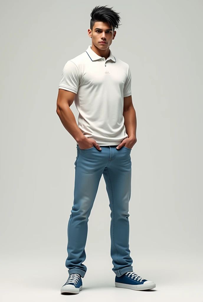 A 19 year old boy 5,11 white polo shirt tucked in with light blue jeans and blue converse dark wolf cut mullet hair and black eyes and masculine features skinny but athletic build